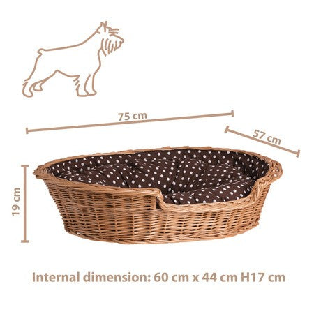 Esmira Natural Wicker Dog Bed With Polka Dot Cushion, 75x57 cm