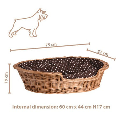Esmira Natural Wicker Dog Bed With Polka Dot Cushion, 75x57 cm