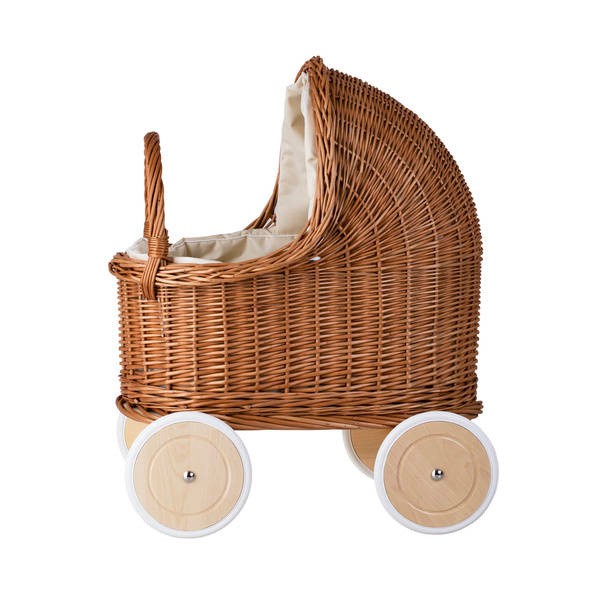 Natural Wicker Doll Pram – Beige Bedding