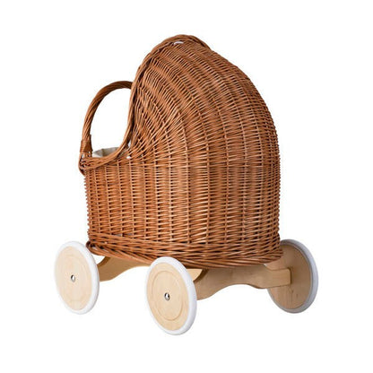 Natural Wicker Doll Pram – Beige Bedding