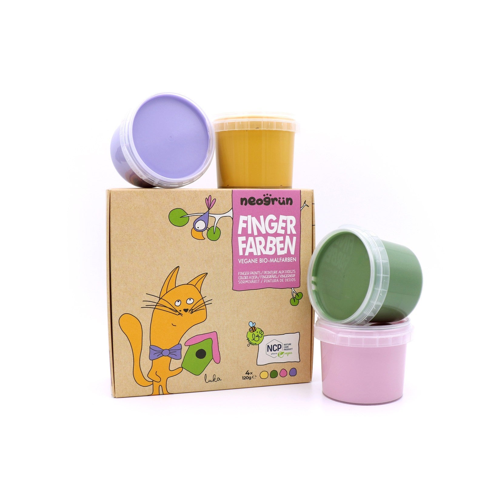 Neogrün Bio-Fingerfarben – 4er-Set in Gelb, Grün, Rosa und Violett