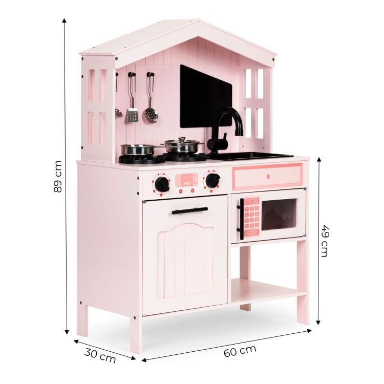 Holz-Spielküche in Rosa mit Ofen, Kochfeldern, Mikrowelle und Zubehör – Produktbild 3