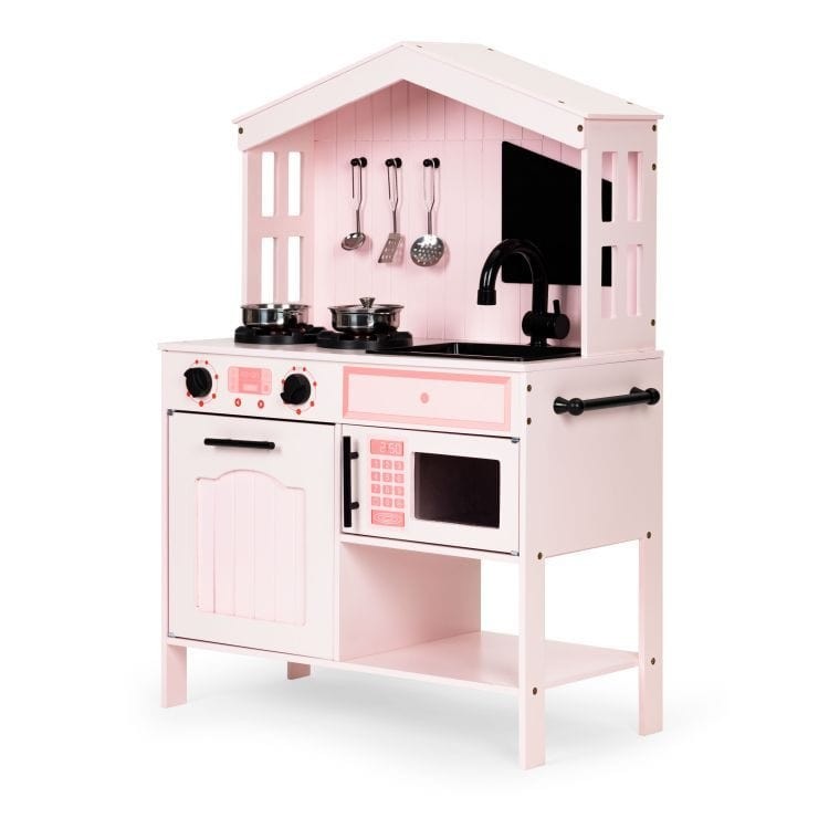 Holz-Spielküche in Rosa mit Ofen, Kochfeldern, Mikrowelle und Zubehör – Produktbild 1