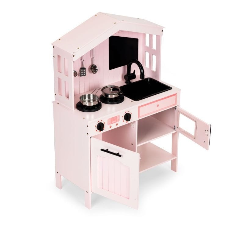 Holz-Spielküche in Rosa mit Ofen, Kochfeldern, Mikrowelle und Zubehör – Produktbild 2