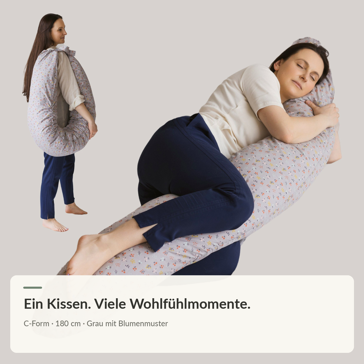 C-förmiges Seitenschläfer- und Schwangerschaftskissen 180 cm, Grau mit Blumenmuster – Frau in Seitenlage