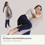 C-förmiges Seitenschläfer- und Schwangerschaftskissen 180 cm, Grau mit Blumenmuster – Frau in Seitenlage