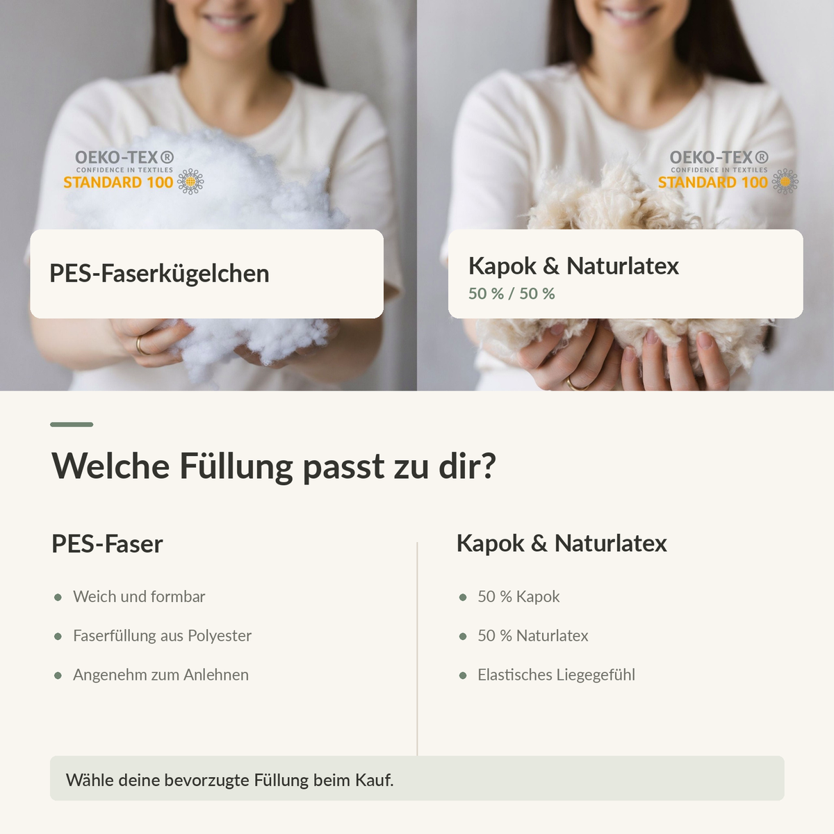 Füllungsvergleich für C-Kissen mit PES-Faserkügelchen oder Kapok-Naturlatex-Mischung