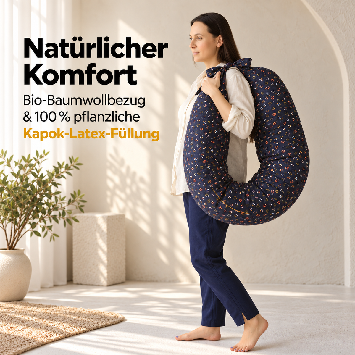 C-Kissen Marineblau 180 cm mit Blumenmuster – Kapok und Naturlatex als Füllungsoption