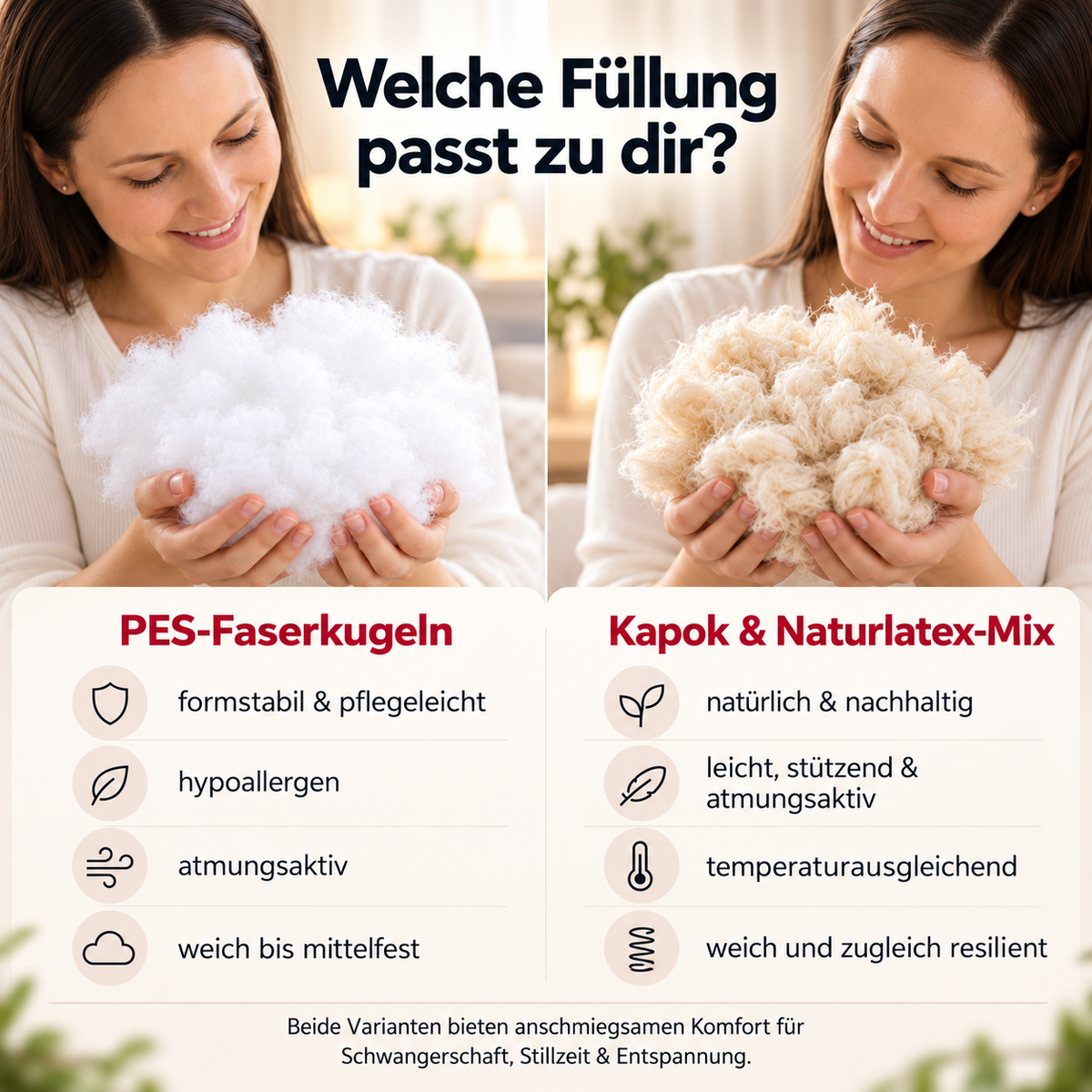 Vergleich der C-Kissen-Füllungen: PES-Faser oder Kapok und Naturlatex