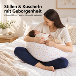 C-förmiges Stillkissen 180 cm in Milchweiß mit Blumenmuster – Mutter mit Baby