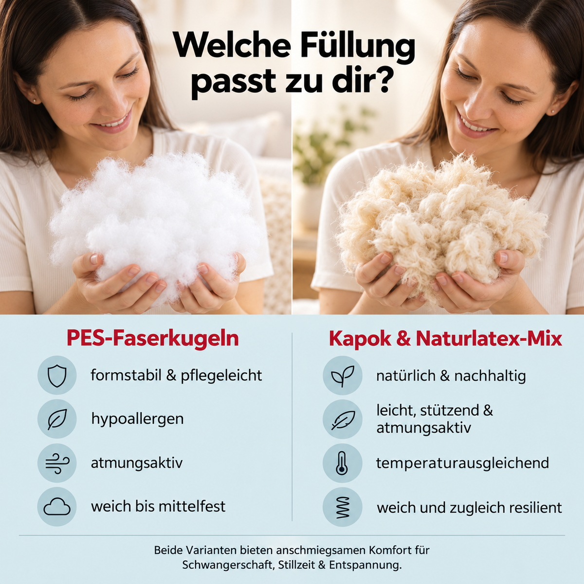 Füllungsvergleich für C-Kissen: PES-Faser oder Kapok-Naturlatex
