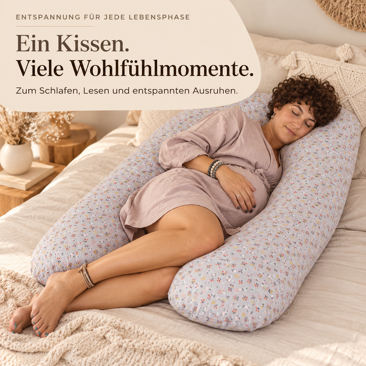 U-förmiges Seitenschläfer- und Schwangerschaftskissen in Grau mit Blumenmuster – entspannt schlafen und ausruhen