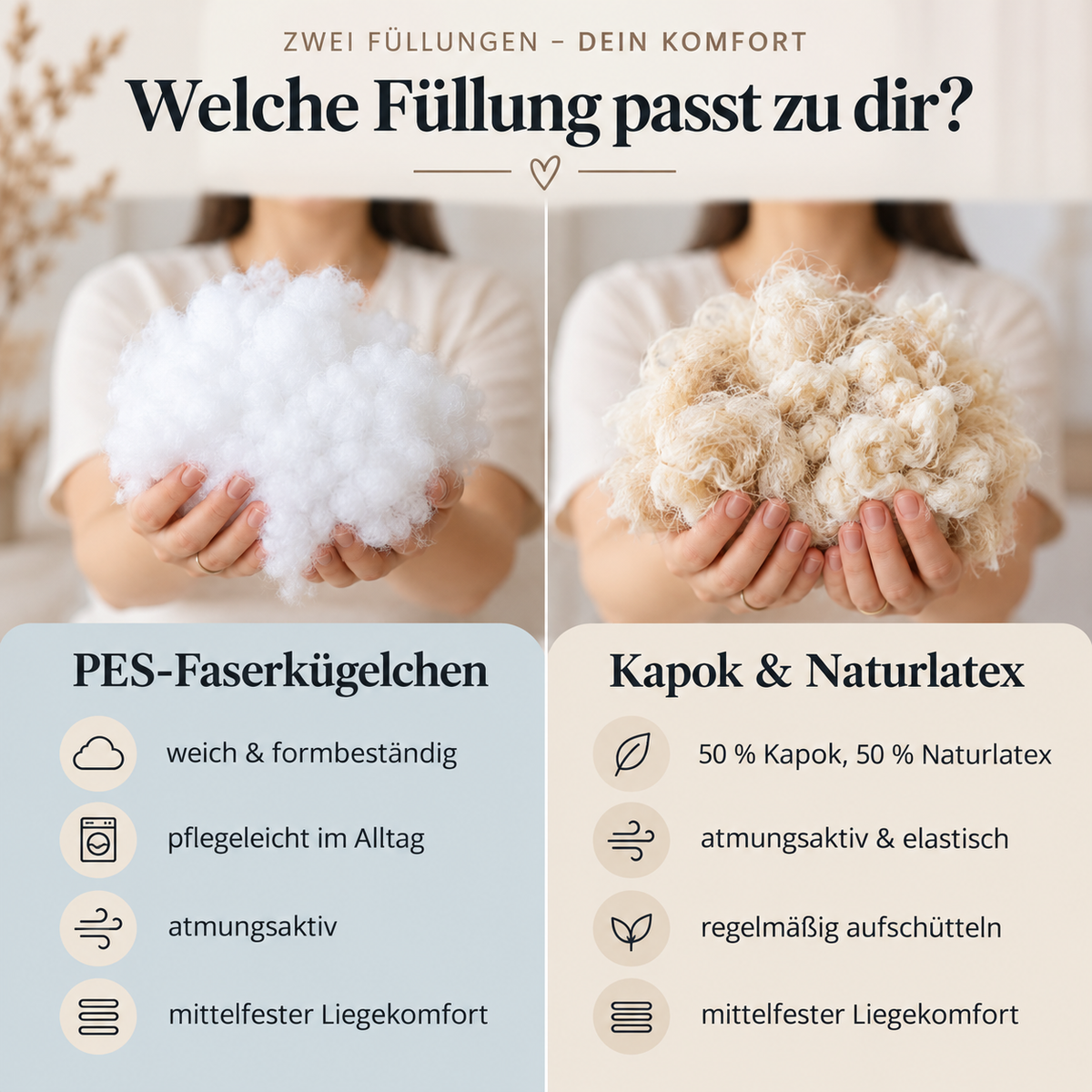 Vergleich der Kissenfüllungen: PES-Faserkügelchen oder Kapok und Naturlatex für das U-förmige Seitenschläferkissen