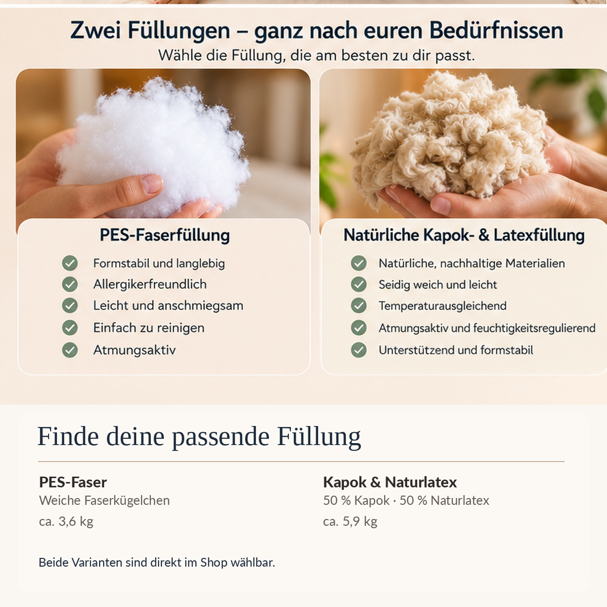 Füllungsvergleich für U-Kissen: PES-Faser oder Mischung aus 50 Prozent Kapok und 50 Prozent Naturlatex