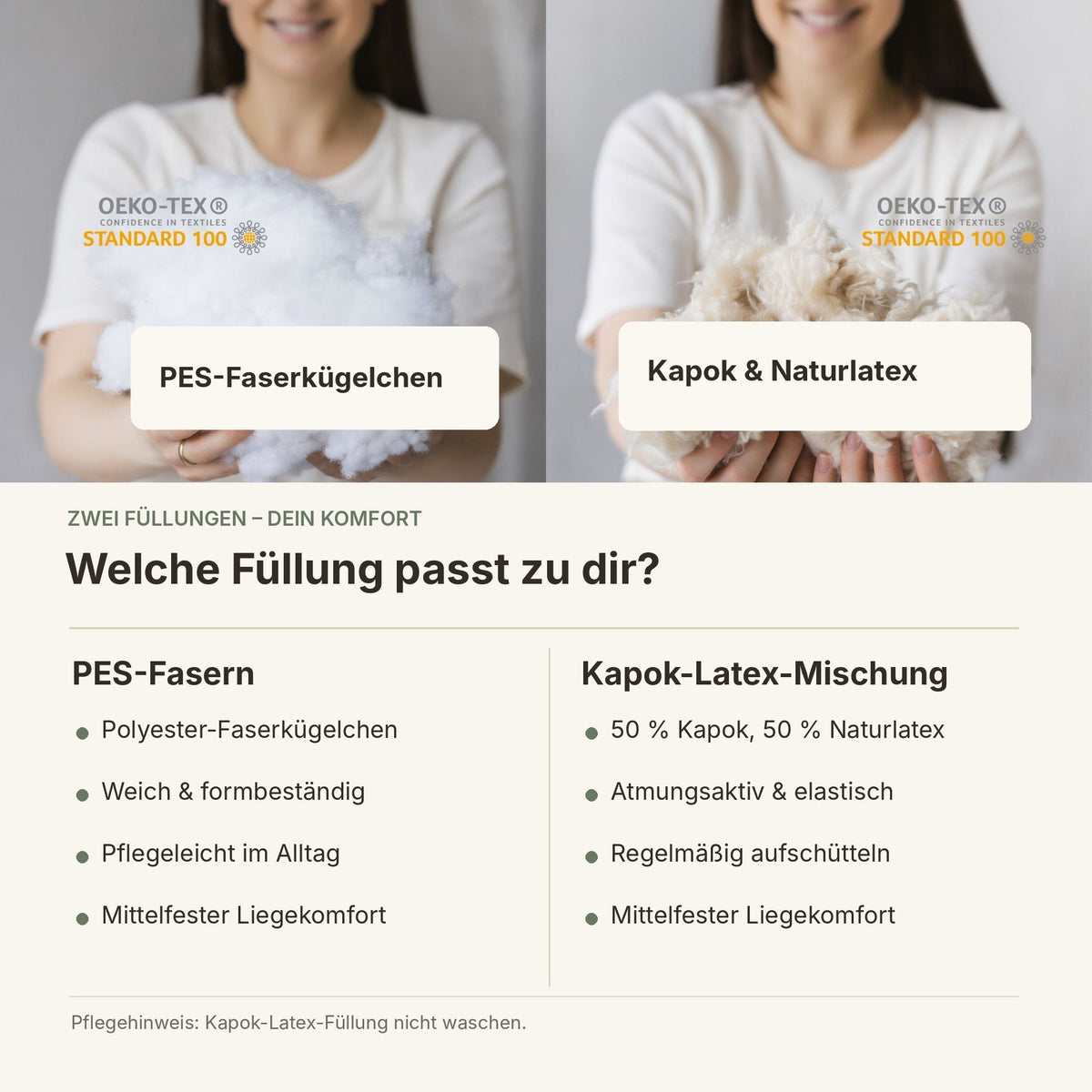 Seitenschläferkissen: PES-Faserkügelchen und Kapok-Naturlatex-Füllung im Vergleich