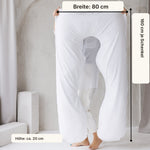 U-Kissen Maße – 80 cm Breite, 160 cm Schenkellänge und etwa 20 cm Höhe
