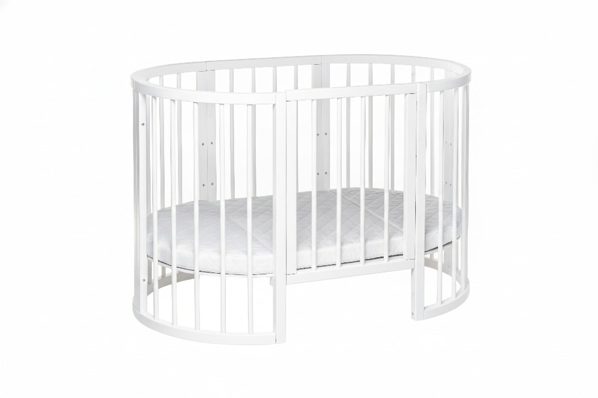 Rundes Babybett OLIN Weiß mit Matratze – mitwachsendes Beistellbett aus Buchenholz – Produktbild 2
