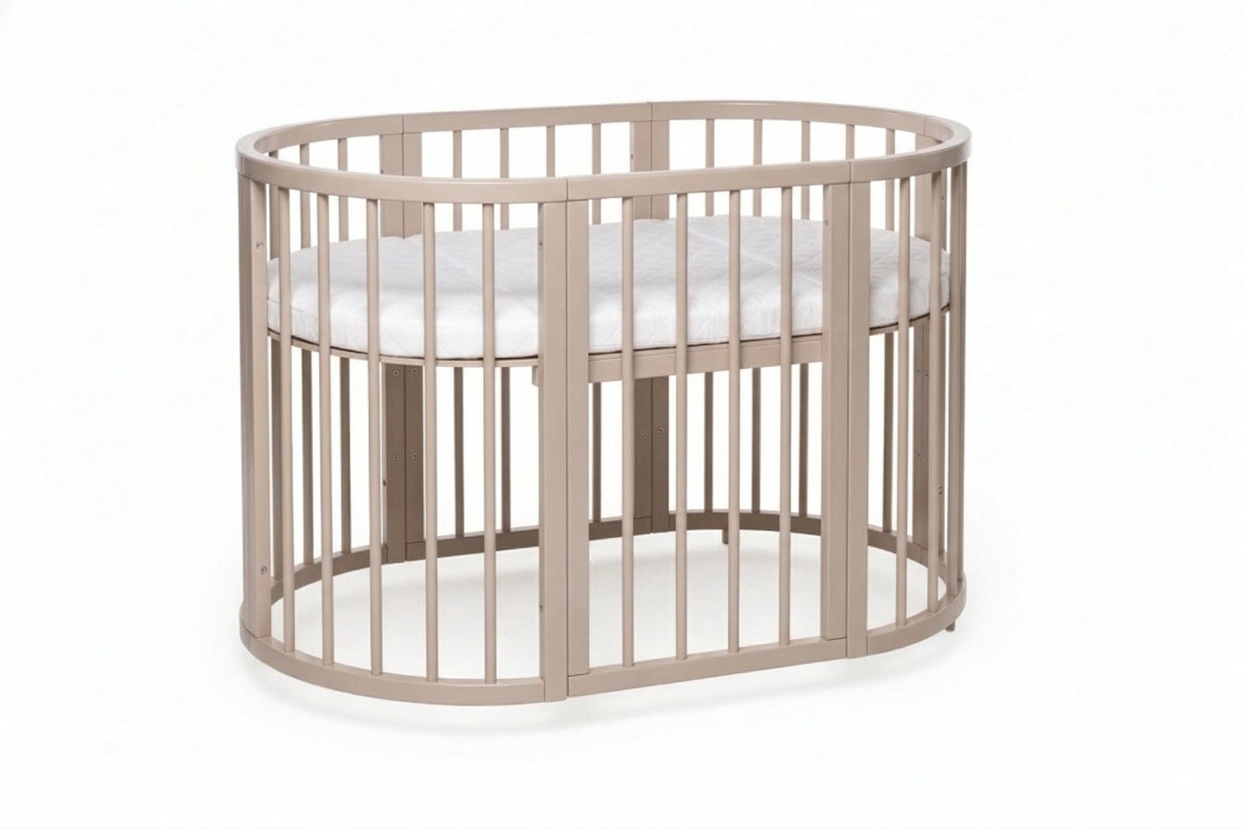 Rundes Babybett OLIN Cappuccino mit Matratze – mitwachsendes Beistellbett aus Buchenholz – Produktbild 1