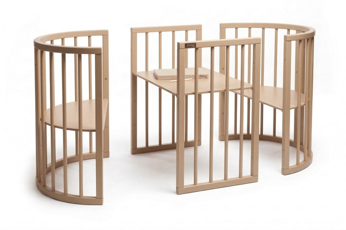 Rundes Babybett OLIN Cappuccino mit Matratze – mitwachsendes Beistellbett aus Buchenholz – Produktbild 2