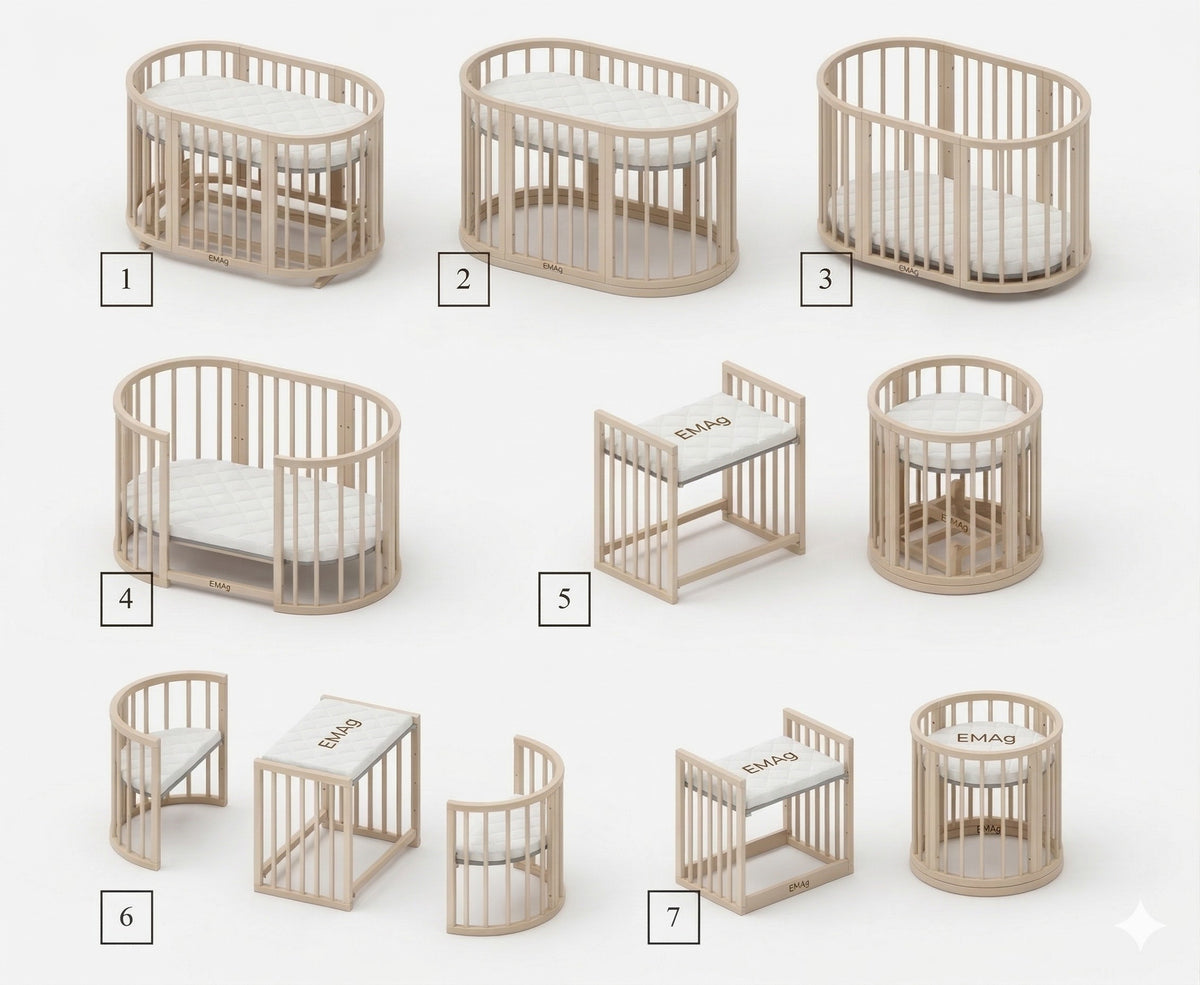 Rundes Babybett OLIN Cappuccino mit Matratze – mitwachsendes Beistellbett aus Buchenholz – Produktbild 3