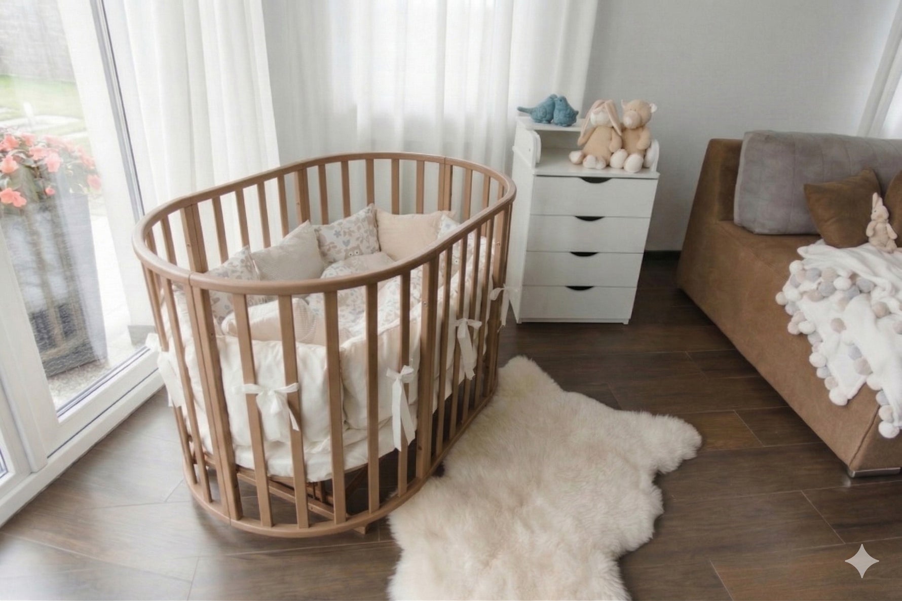 Rundes Babybett OLIN Cappuccino mit Matratze – mitwachsendes Beistellbett aus Buchenholz – Produktbild 4