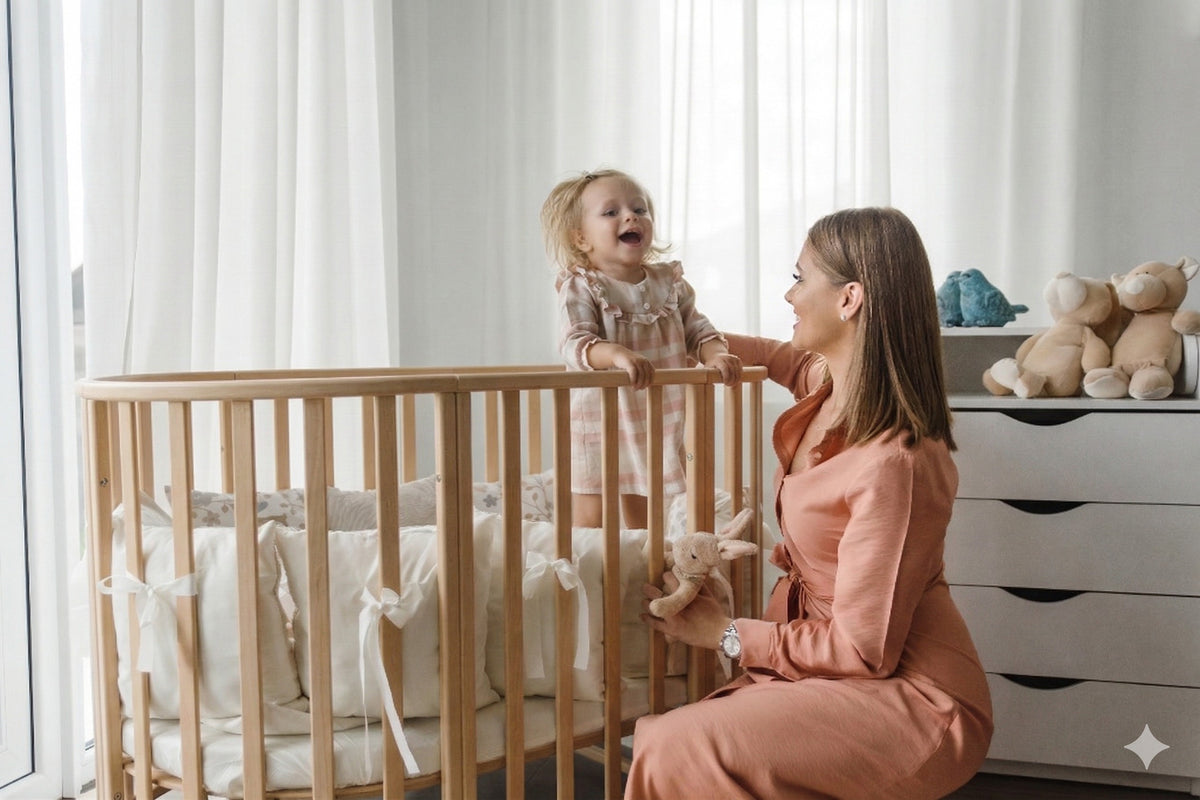 Rundes Babybett OLIN Natur mit Matratze – mitwachsendes Beistellbett aus Buchenholz – Produktbild 1