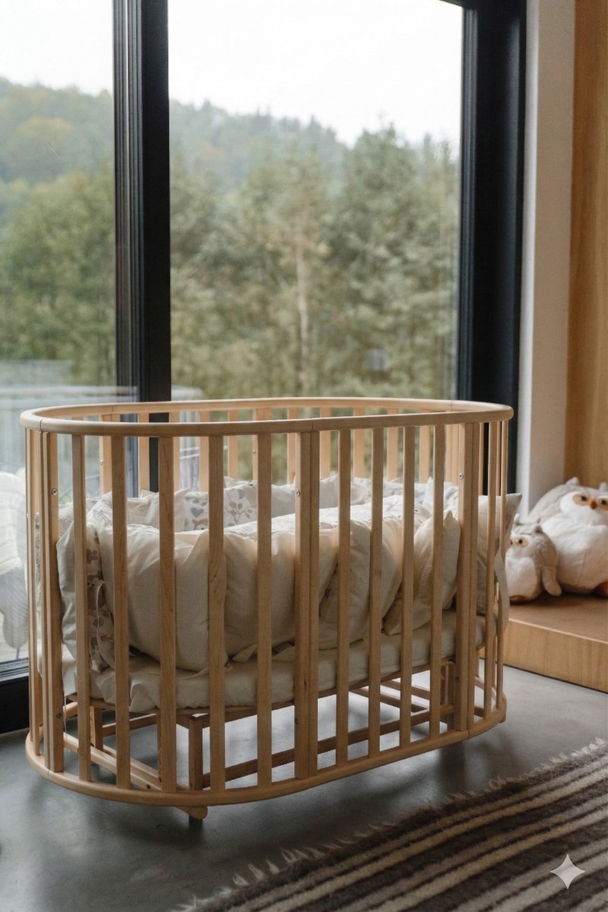 Rundes Babybett OLIN Natur mit Matratze – mitwachsendes Beistellbett aus Buchenholz – Produktbild 4