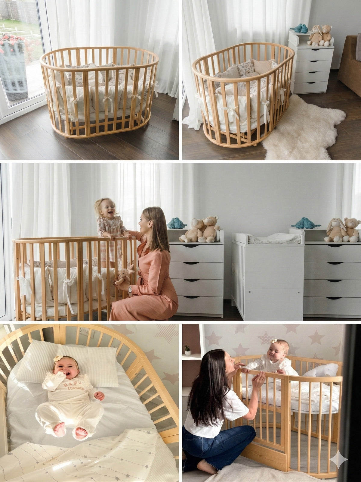 Rundes Babybett OLIN Natur mit Matratze – mitwachsendes Beistellbett aus Buchenholz – Produktbild 2