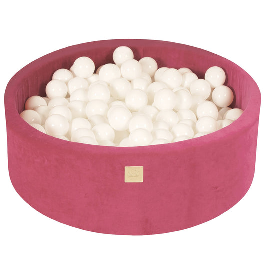 Round Ball Pit With 200 White Balls, 90x30cm - Rasberry Red Velvet