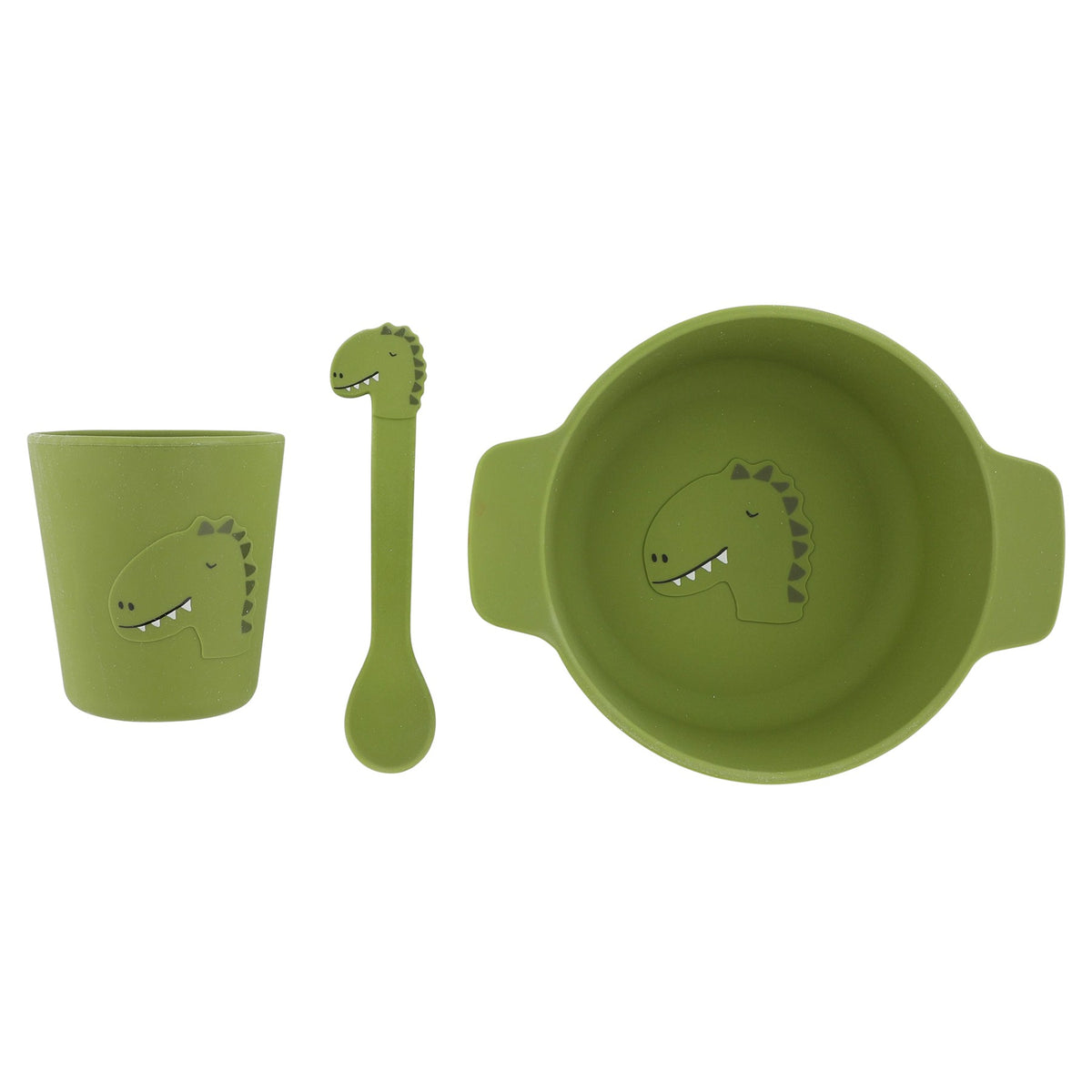Silikon-Esslernset Mr. Dino – Baby Geschirr-Set mit Schale, Tasse und Löffel ab 4 Monaten – Produktbild 3