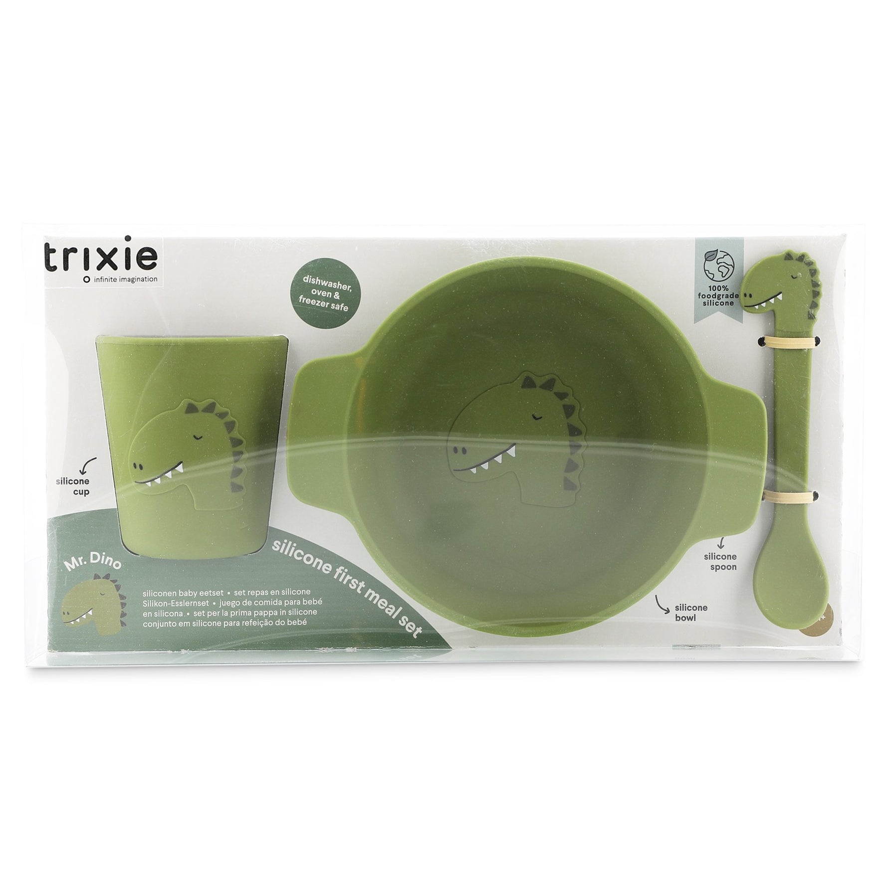 Silikon-Esslernset Mr. Dino – Baby Geschirr-Set mit Schale, Tasse und Löffel ab 4 Monaten – Produktbild 1