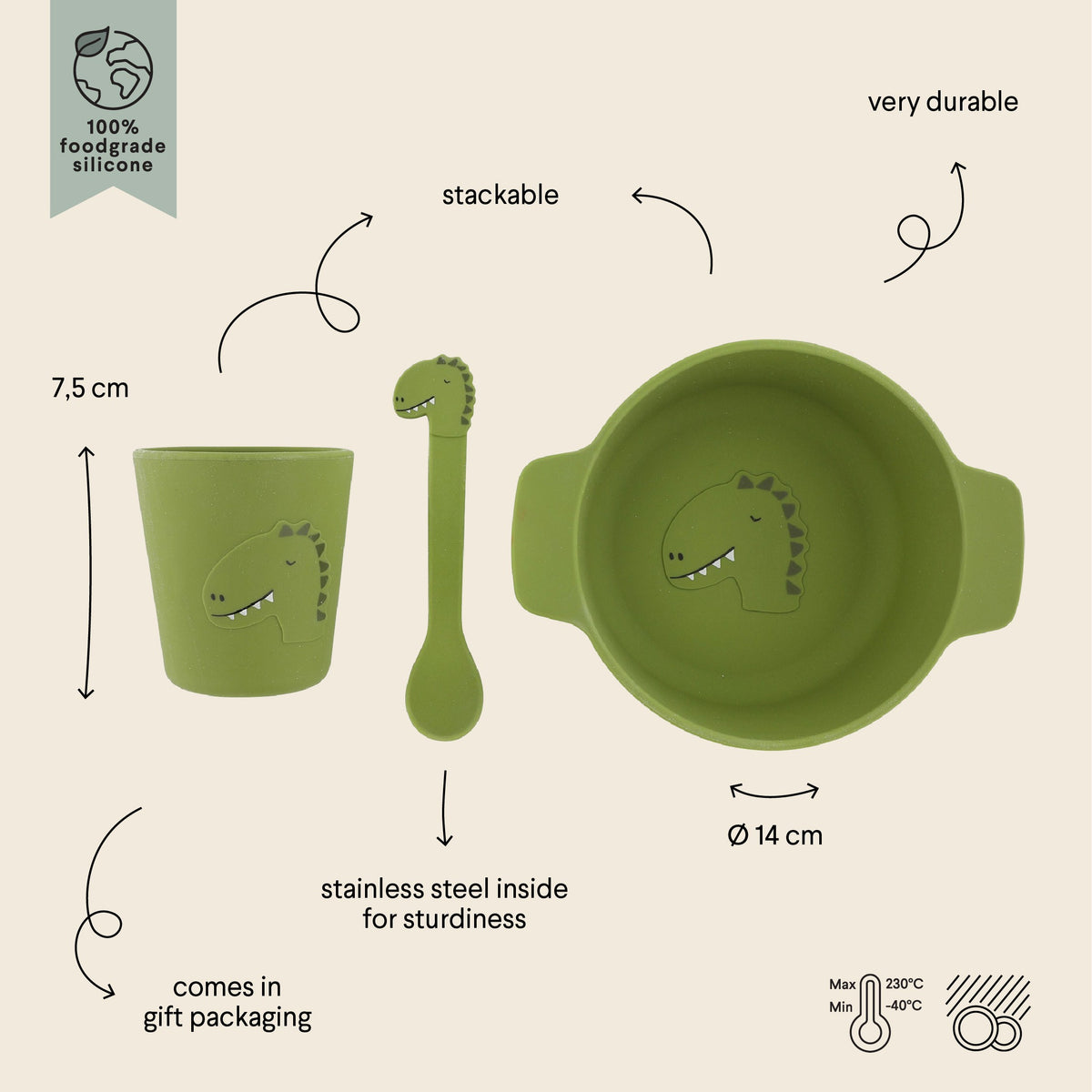 Silikon-Esslernset Mr. Dino – Baby Geschirr-Set mit Schale, Tasse und Löffel ab 4 Monaten – Produktbild 2