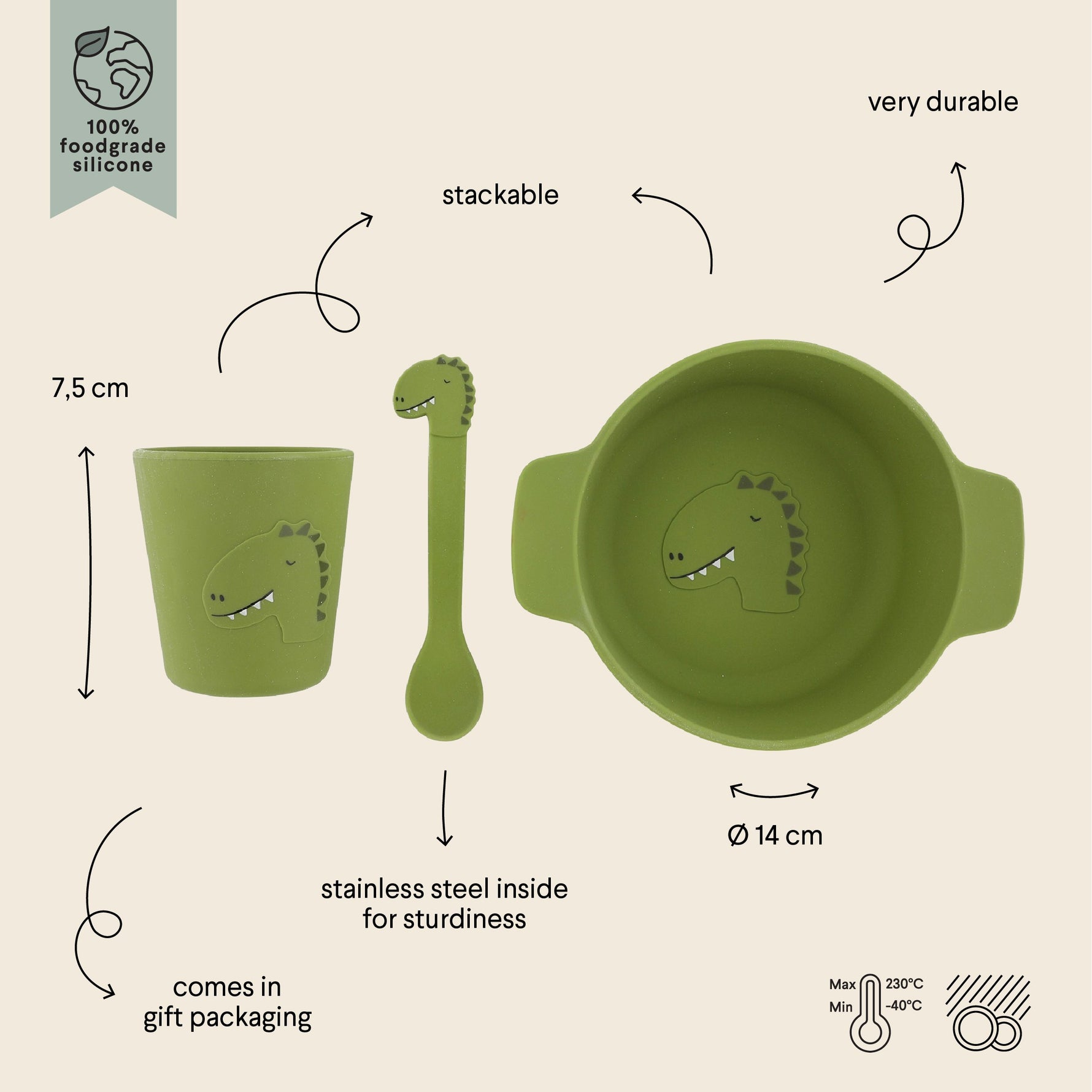 Silikon-Esslernset Mr. Dino – Baby Geschirr-Set mit Schale, Tasse und Löffel ab 4 Monaten – Produktbild 2