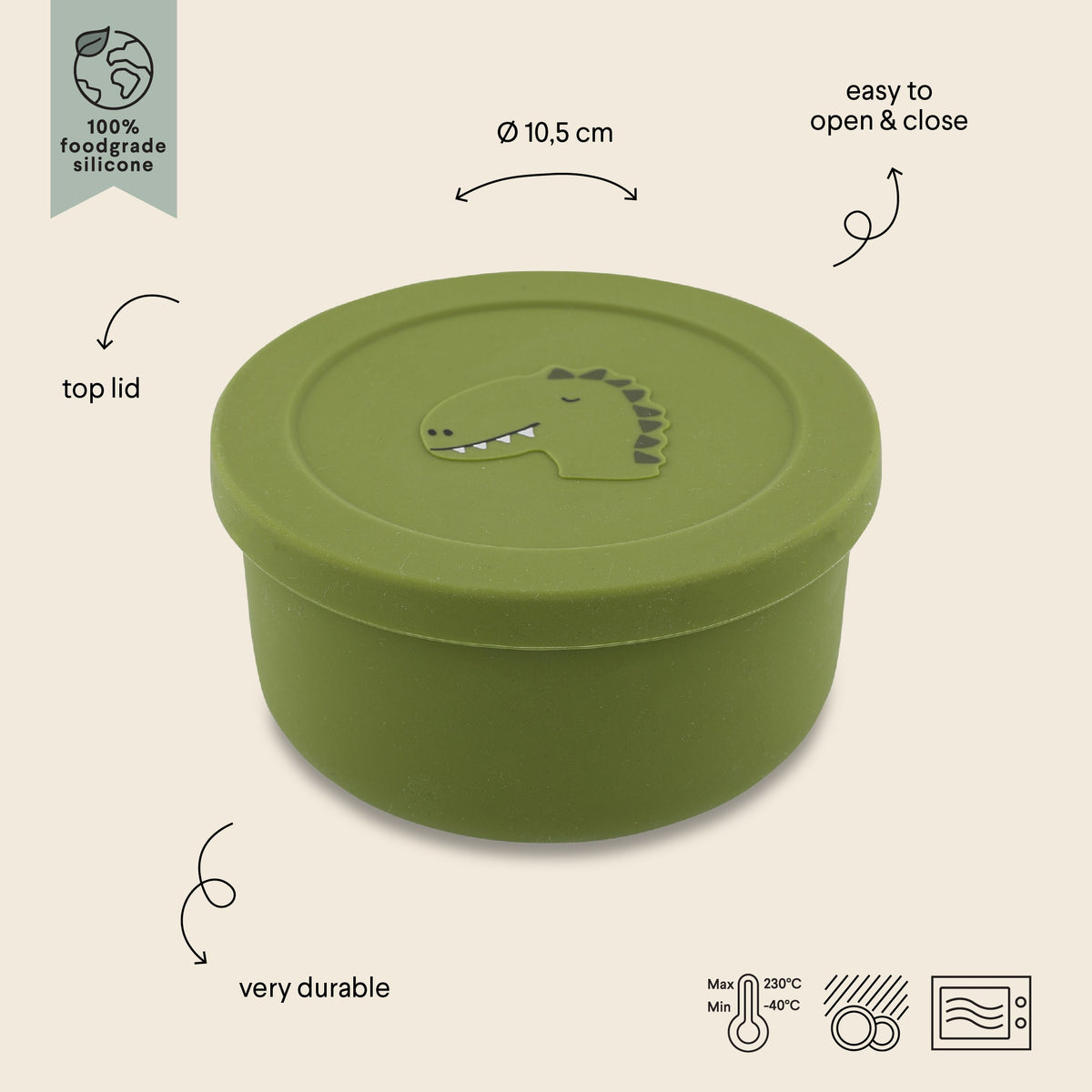 Silikon-Snackbox Mr. Dino mit Deckel – Baby Snackbehälter aus lebensmittelechtem Silikon – Produktbild 3