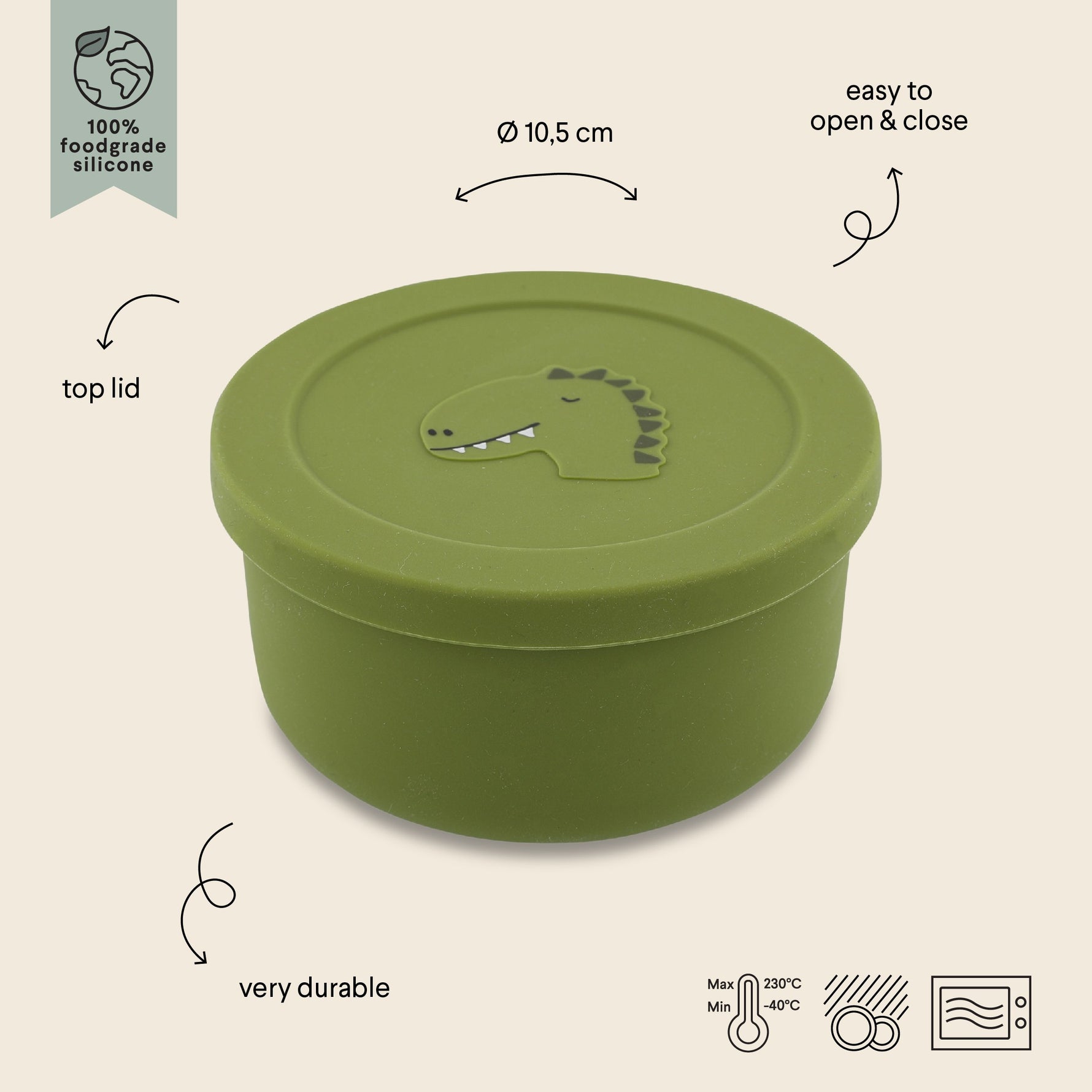 Silikon-Snackbox Mr. Dino mit Deckel – Baby Snackbehälter aus lebensmittelechtem Silikon – Produktbild 3