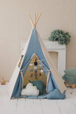 Kinder-Tipi Jeans mit Pompons – Spielzelt aus OEKO-TEX Baumwolle mit Kiefernstangen – Produktbild 4