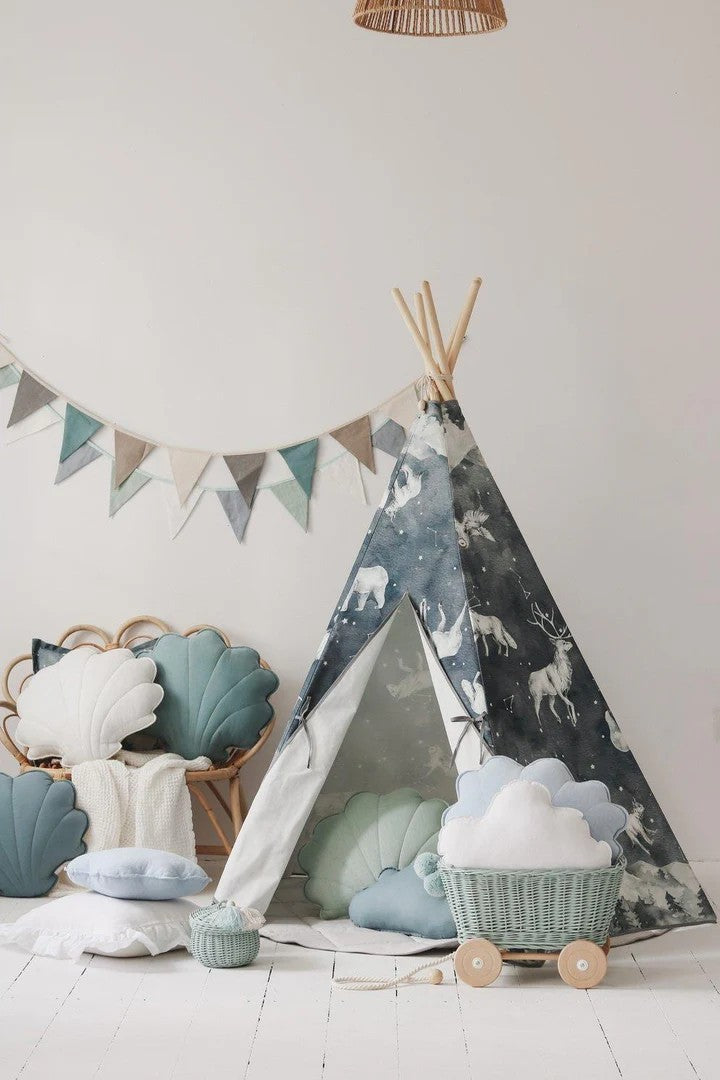 Kinder-Tipi Nachthimmel – Kinder-Tipi aus OEKO-TEX Baumwolle mit Kiefernstangen