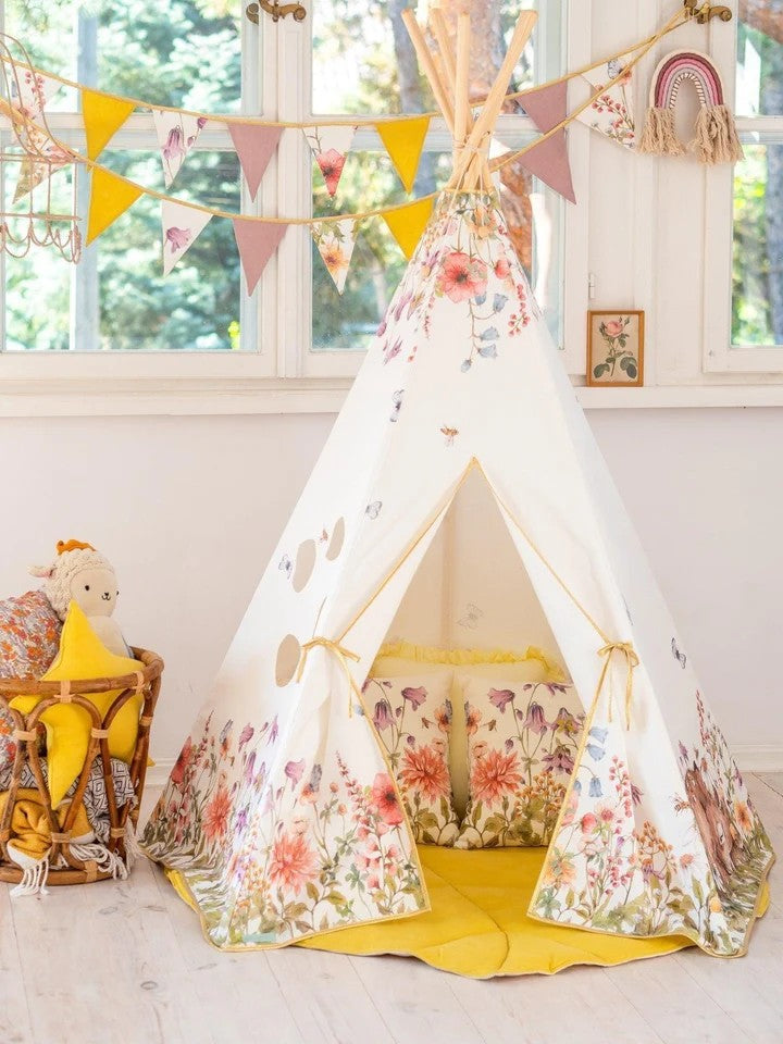 Kinder-Tipi Wildblumen – Kinder-Tipi aus OEKO-TEX Baumwolle mit Kiefernstangen