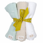 BURRY Muslin Burp Cloths, Set of 3 – Mint print/ beige/ white