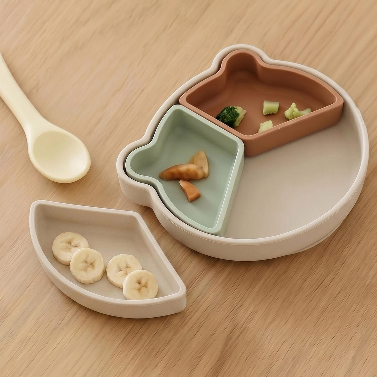 Silicone Section Plate with Suction Base – Beige/Mint/Rust