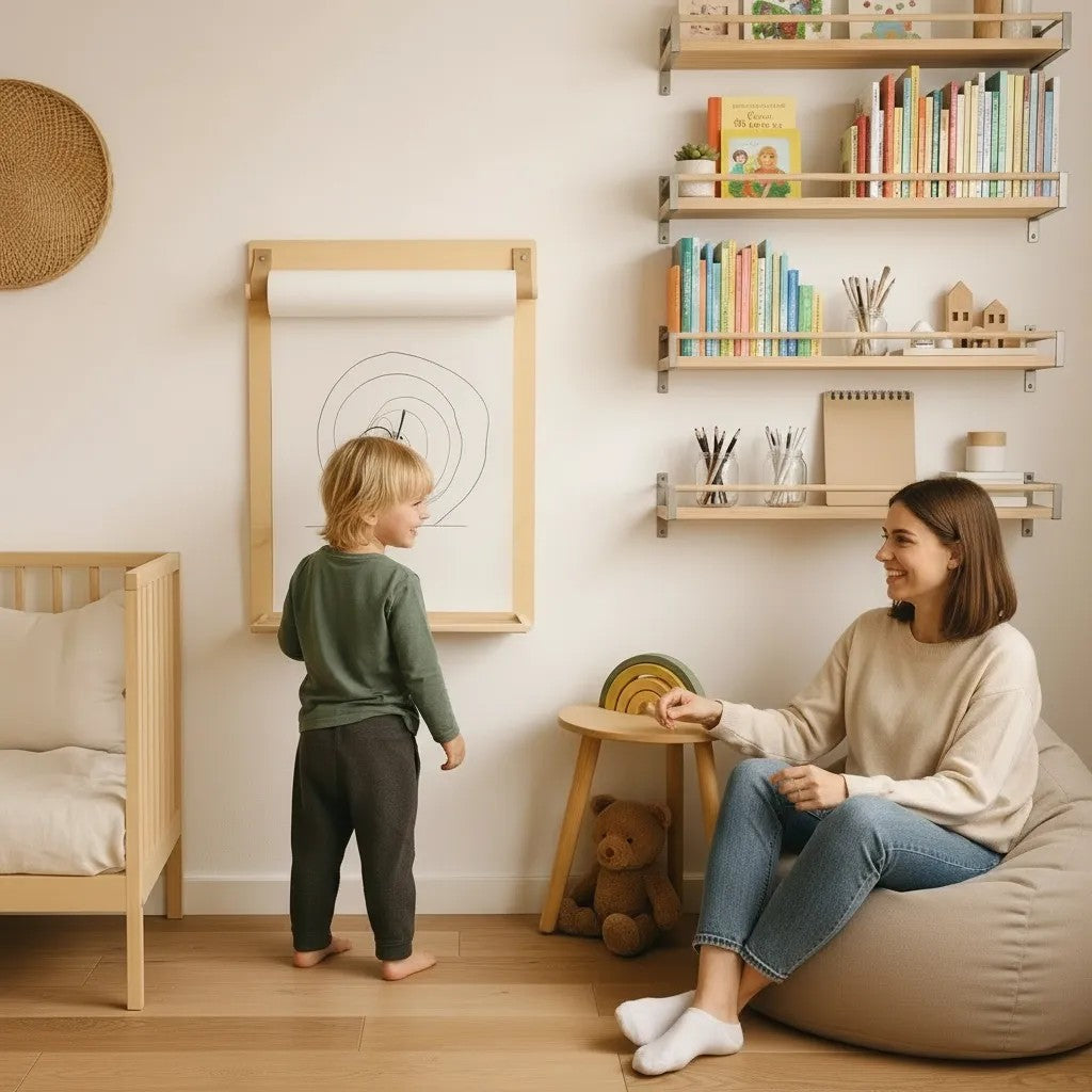 Wandmontierte Zeichentafel aus Holz – Maltafel mit Papierrollenhalter für Kinder ab 2 Jahren – Produktbild 1
