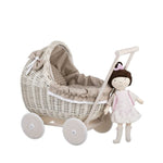 Whitewashed Wicker Doll Pram – Beige Bedding