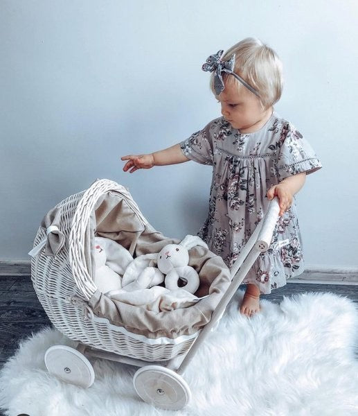 Whitewashed Wicker Doll Pram – Beige Bedding