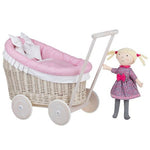 Handgefertigter Weiden Puppenwagen „Luna“ – Nostalgie Holzwagen & Puppenbuggy inkl. rosa Bettwäsche – Produktbild 1