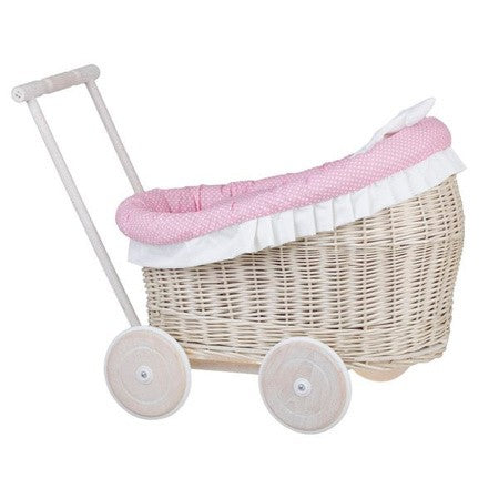 Handgefertigter Weiden Puppenwagen „Luna“ – Nostalgie Holzwagen & Puppenbuggy inkl. rosa Bettwäsche – Produktbild 2