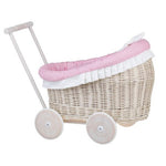 Handgefertigter Weiden Puppenwagen „Luna“ – Nostalgie Holzwagen & Puppenbuggy inkl. rosa Bettwäsche – Produktbild 2
