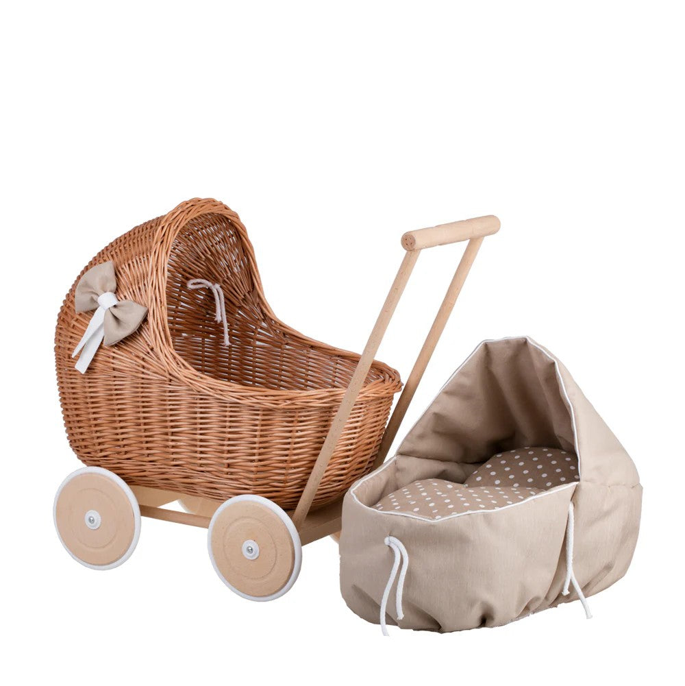 Handgefertigter Weiden Puppenwagen „Lili“ – Nostalgie Holzwagen & Puppenbuggy inkl. waschbarem Bettset – Produktbild 2