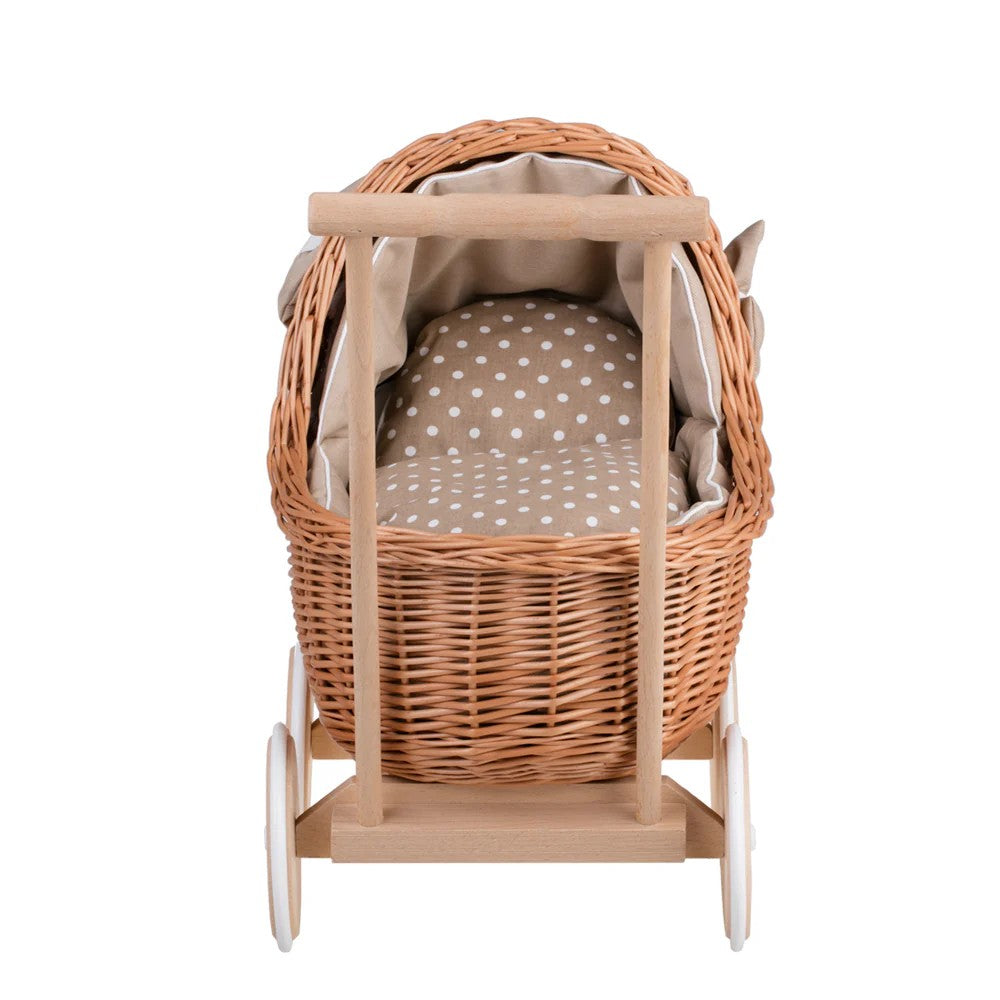 Handgefertigter Weiden Puppenwagen „Lili“ – Nostalgie Holzwagen & Puppenbuggy inkl. waschbarem Bettset – Produktbild 3
