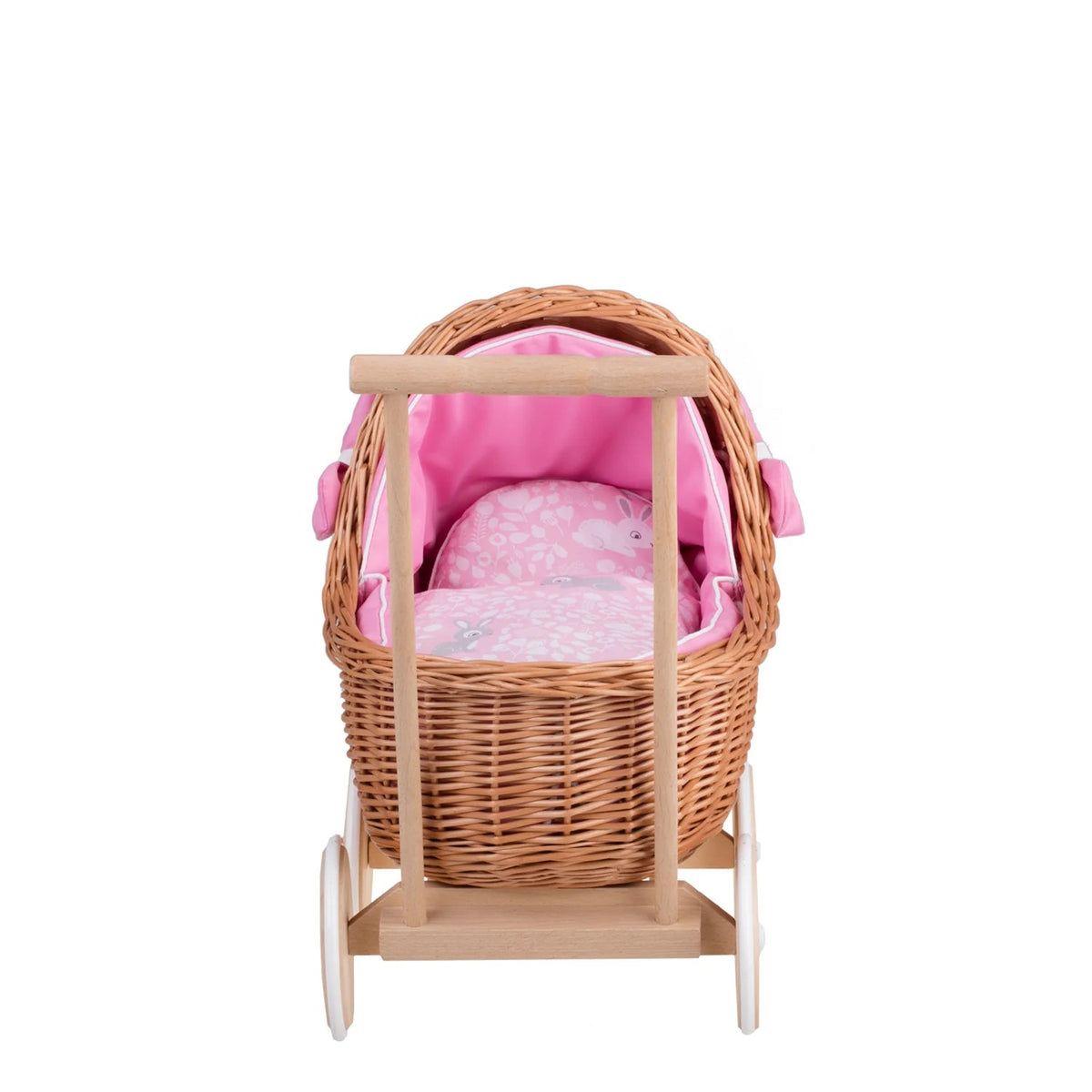 Handgefertigter Weiden Puppenwagen „Lili“ Natur – Nostalgie Holzwagen & Puppenbuggy inkl. rosa Bettset – Produktbild 2