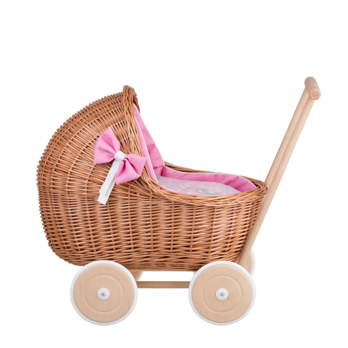 Handgefertigter Weiden Puppenwagen „Lili“ Natur – Nostalgie Holzwagen & Puppenbuggy inkl. rosa Bettset – Produktbild 1